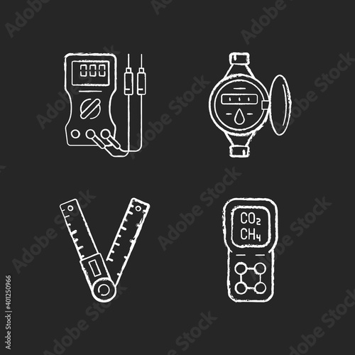 Measurement tools chalk white icons set on black background. Ammeter. Water meter. Angle finder. Gas detector. Voltmeter, ohmmeter. Measuring liquid volume. Isolated vector chalkboard illustrations