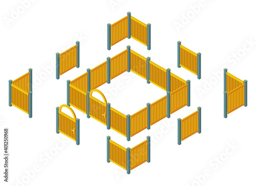 Vector isometric yellow and gray fence and gate isolated on white background. Iron fence with columns. Metal gate and border sections vector illustration. Metal wall icon. 3D vector illustration. Flat