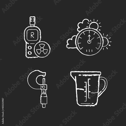 Measurement tools chalk white icons set on black background. Radiation dosimeter. Barometer. Culinary, bakery purposes. Micrometer. Geiger counter. Isolated vector chalkboard illustrations