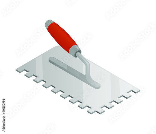 Isometric plastering trowel isolated on white background. Colorful notched trowel vector icon. Four-sided stucco trowel with red plastic handle. Construction tool. Flat style vector illustration. 3D.
