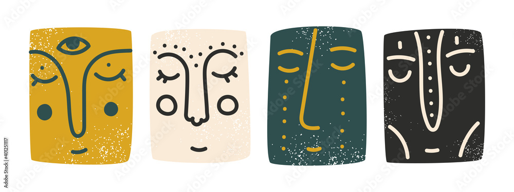  Set of ethnic faces in boho style. Flat vector illustration