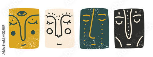  Set of ethnic faces in boho style. Flat vector illustration