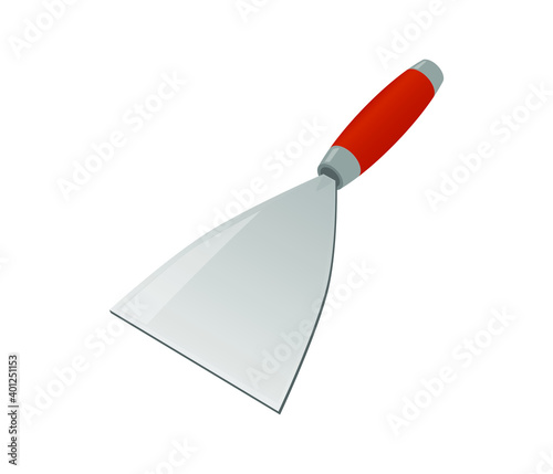 Isometric wall worker trowel isolated on white background. Colorful putty knife wall vector icon for web and apps. Spatula with a orange handle. Construction and scratcher tool. Vector illustration. 