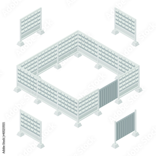Isometric concrete fence with a metal gate isolated on white background. Vector gray border. 3D vector industrial fence. Concrete wall icon for web design, gaming environment, apps. Flat illustration