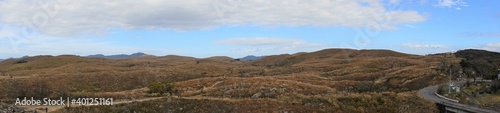 The landscape of Akiyoshi plateau in Akiyoshidai Kokutei Koen, Akiyoshidai National Park, in Yamaguchi, Japan. Panoramic view - 秋吉台 日本 パノラマ photo