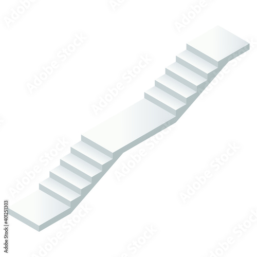 Vector illustration concrete straight staircase with platform isolated on a white background. Industrial long flight of stairs icon in isometric view. Isometric modern stair without rails. Flat. 3D.