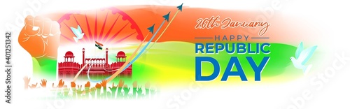 Vector Indian Patriotic concept banner for Indian republic day-26 January with abstract tricolor background, redfort, people with mask holding India flag, illustration poster.