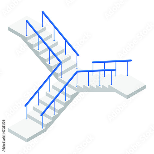 Modern stair with blue metal railing and turn in flat style. Vector illustration concrete staircase isolated on a white background. Industrial flight of stairs icon in isometric view. Cartoon. 3D.