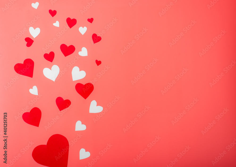 Hearts on a red background. Background for Valentine's Day, place for text.