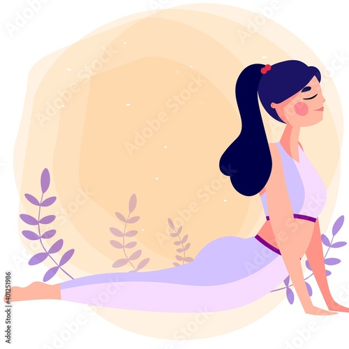 Joven realizando una postura de yoga con fondo abstracto