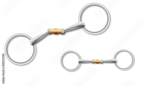 French link ring snaffle bit with a yellow metal lozenge isolated on white. Vector image