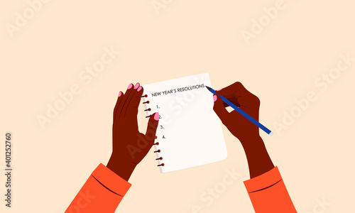 Black woman writing new year's resolutions in her notebook. A list of goals concept. Diversity. Female hand. Colorful, modern vector illustration in cartoon flat style.