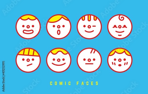 Outline round Avatars. Set of Cute funny characters. Various faces. Minimalistic Icons. Geometric Vector illustration. Cartoon Asian style. Simple design. Every icon is Isolated on blue background