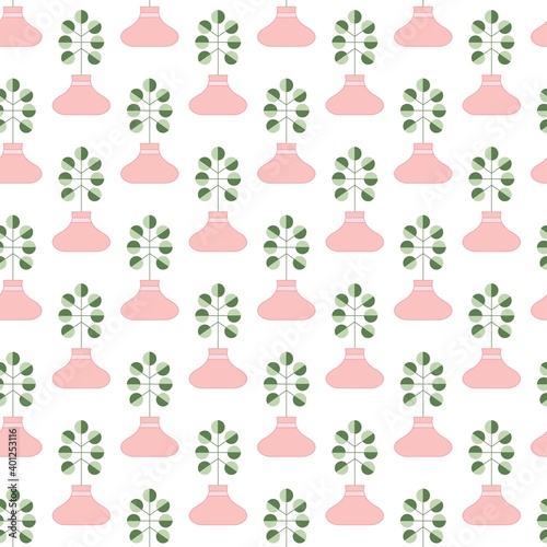 Abstract Domestic plants. Pink Flower pots. Minimalistic Icons. Vector illustration. Flower shop concept. Simple geometric design. Trendy square Seamless Pattern. Textile, wrapping paper template