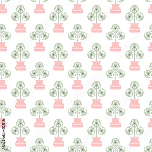 Abstract Domestic plants. Pink Flower pots. Minimalistic Icons. Vector illustration. Flower shop concept. Simple geometric design. Trendy square Seamless Pattern. Textile, wrapping paper template