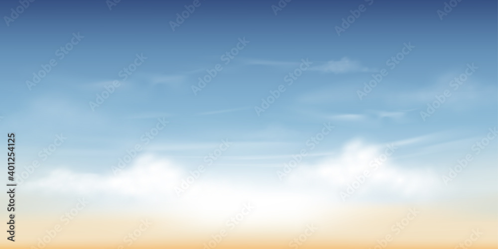 Morning sky with white clouds, Horizon Spring sky scape in blue and yellow colour,Vector background of nature sky in sunny day Summer background, World environment day concept