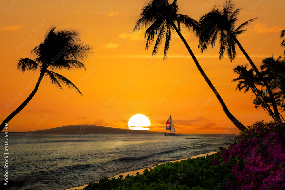 Hawaiian sunset with sailboat and mountains - obrazy, fototapety, plakaty 