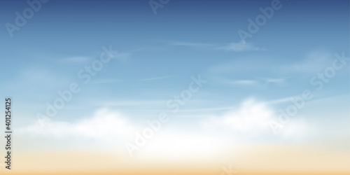 Morning sky with white clouds  Horizon Spring sky scape in blue and yellow colour Vector background of nature sky in sunny day Summer background  World environment day concept