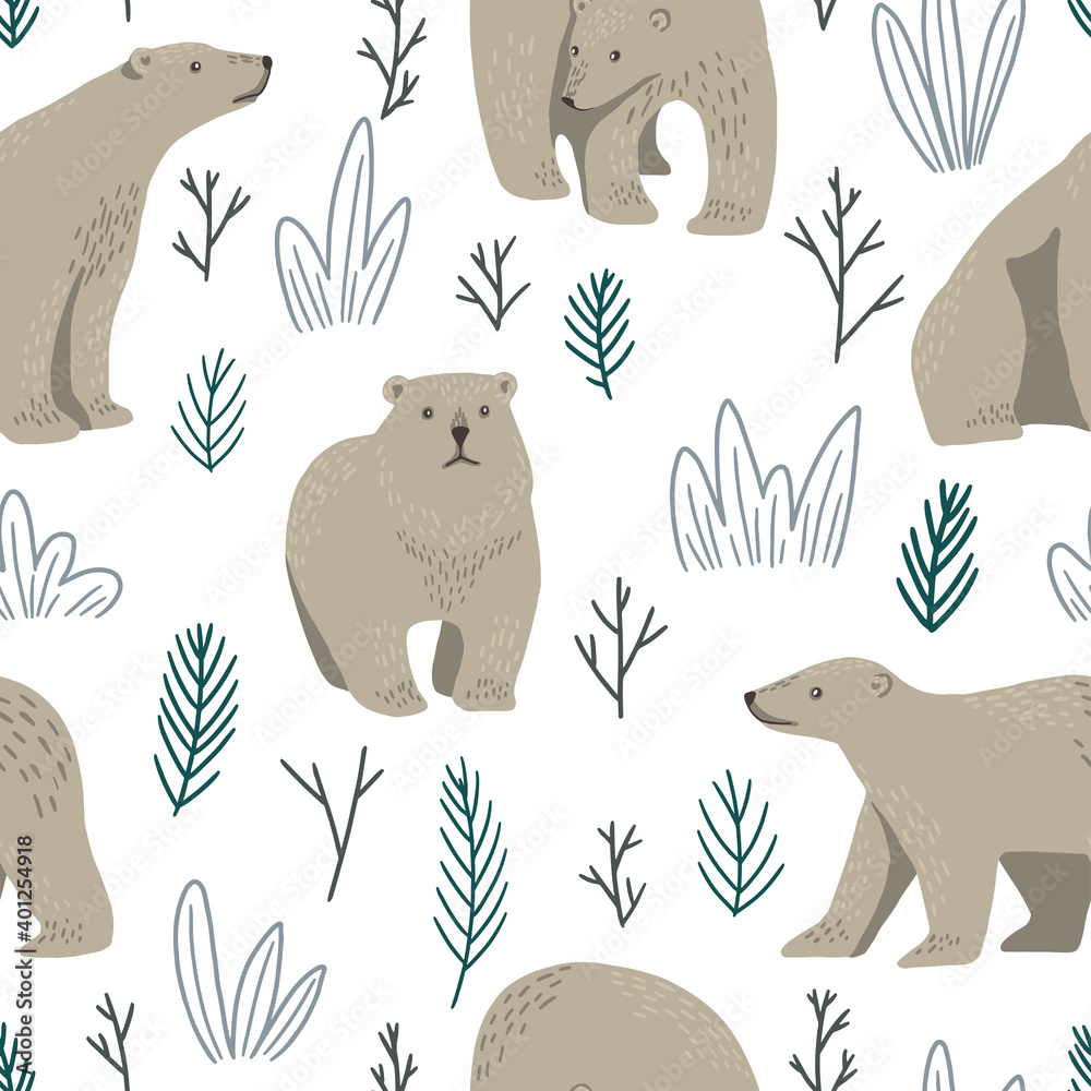 Fototapeta premium Cute polar bears flat hand drawn vector seamless pattern. Colorful wallpaper in scandinavian style. Abstract winter animals background. Beautiful design for prints, wrap, textile, fabric, decor, card.