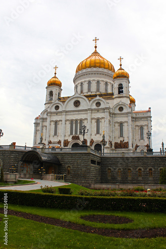 In Moscow, the main Cathedral of Christ the Savior against the sky, an unusual perspective.