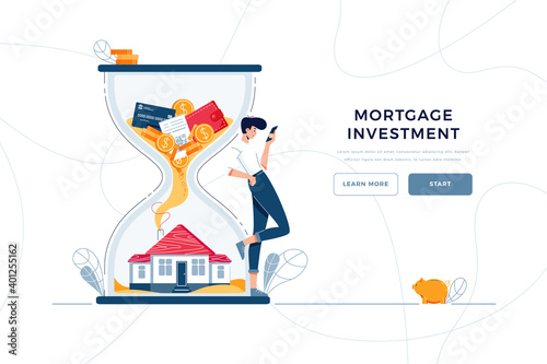 Mortgage investment landing page template. Investor awaits a generating income from long-term investing. Make money in property, rising housing market for web site design. Flat vector illustration