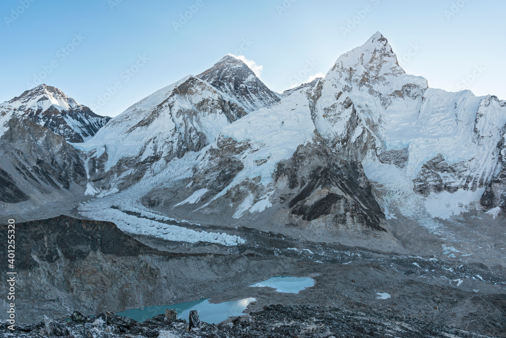 A panoramic view of the Khumbu icefall between Mount Everest and Nuptse from Kala Patthar.
