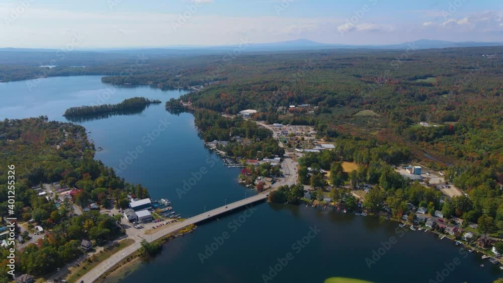 Aerial view of Lake Winnisquam and Winnisquam Sand Bar with US Route 3 bridge between town of Belmont and Sanbornton in New Hampshire NH, USA. Aerial view of Lake Winnisquam and Winnisquam Sand Bar with US Route 3 bridge between town of Belmont and Sanbornton in New Hampshire NH, USA.