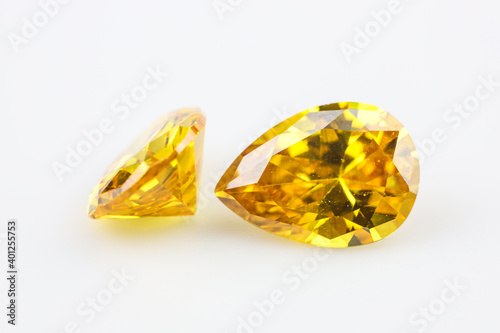 Natural yellow Sapphire gemstone, beautiful yellow gold citrin gemstone isolated on white background, as jewelry background