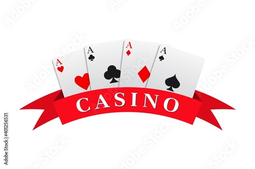 Red ribbon with the casino inscription combined with a four aces card combination. Can be used as a logo, banner, background. Vector illustration in a realistic style.