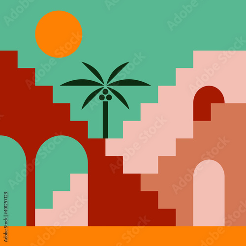 Moroccan architecture. Boho style. Minimal flat design. Contemporary background. 