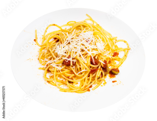 mixed Spaghetti alla Sorrentina on white plate isolated on white background
