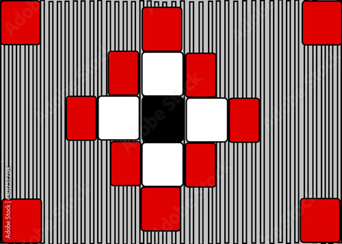 red square and white square repeated design with bar code background.