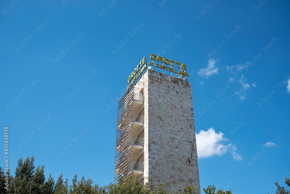 Castellana Grotte, Italy - September 04, 2020 : View of Castellana Grotte tower