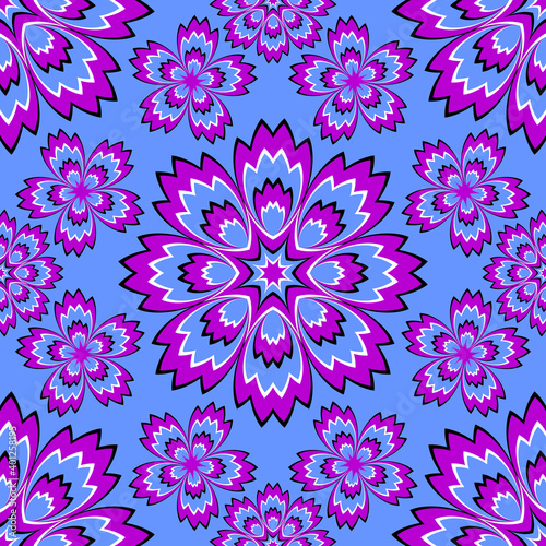 Blue wrapping paper with flowers. Motion illusion. Seamless pattern.