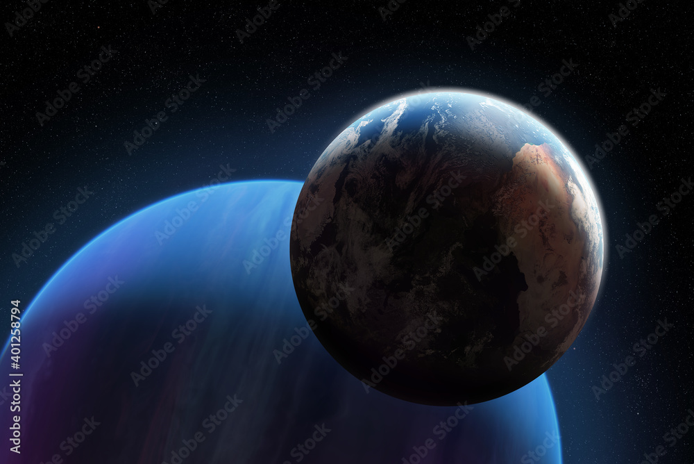3D Illustration Big Neon Planet and Earth