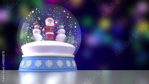 Snow globe with Santa Claus, two snowmen and Christmas trees inside. Falling snow. Multicolored blurred background. 3D rendering animation