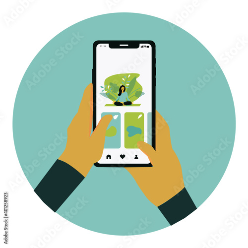 Display of an app about yoga and relaxation, flat minimalist illustration of hand holding a smartphone and using yoga app