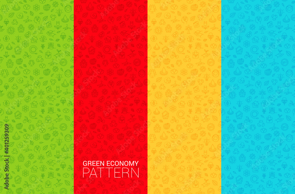 Green economy seamless pattern with thin line icons: financial growth