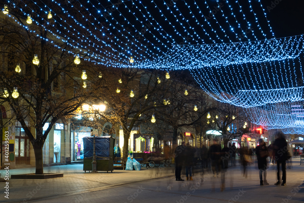 Colorful winter illumination (night city lights) in the tourist center of Novi Sad, Serbia