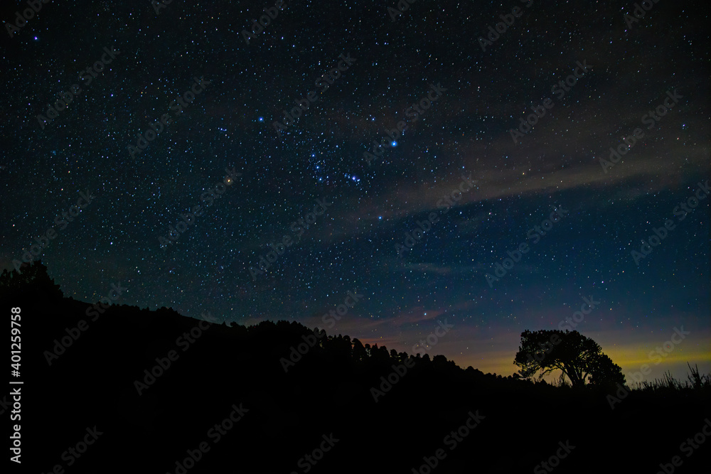 Beautiful shot of the Pico de Orizaba volcano in Mexico. Relief highest mountain in starry night