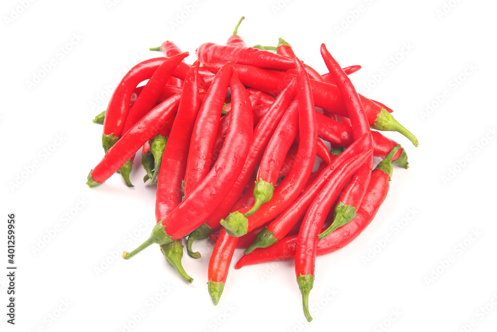 Red hot chili peppers on a white background. Vitamin vegetable food