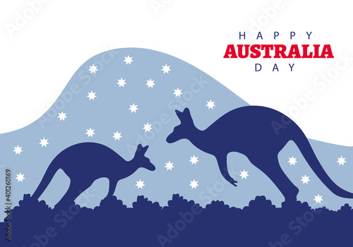 happy australia day lettering with kangaroos in landscape