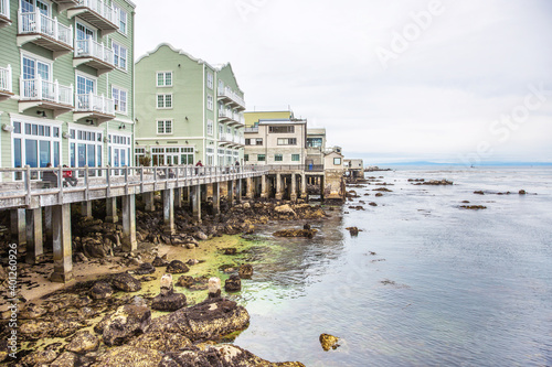 The Pacific Ocean coast in the city of Monterey in California. United States of America. Beautiful beach on a sunny day. Ocean landscape.
