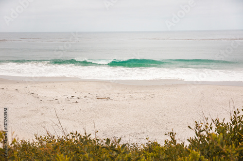 The Pacific Ocean coast in the city of Monterey in California. United States of America. Beautiful beach on a sunny day. Ocean landscape.