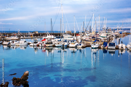 The Pacific Ocean coast in the city of Monterey in California. United States of America. Beautiful beach on a sunny day. Ocean landscape.