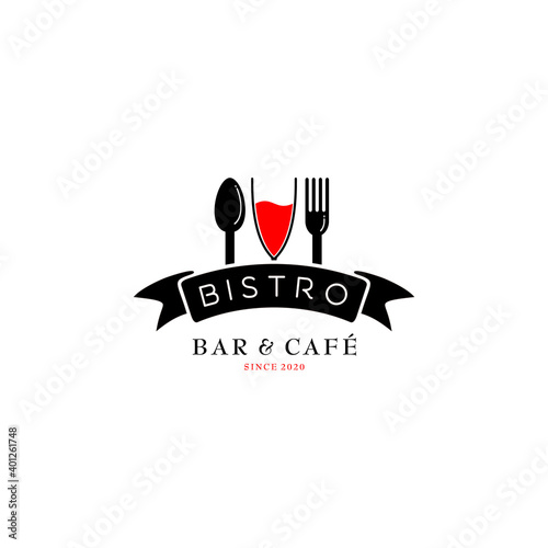 Wine Glass Spoon Fork Restaurant Vintage Retro Bar Bistro with Ribbon Logo Design