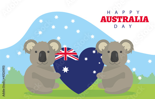 happy australia day lettering with koalas and flag in heart