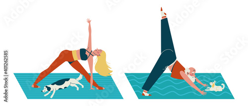 People practicing yoga with pets, man and woman exercising with cats and dogs isolated on white. Home training. Hobby. Stay home.