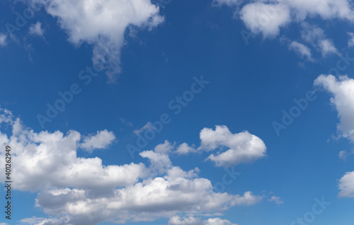 Blue sky with white clouds panorama, creative copy space, horizontal aspect