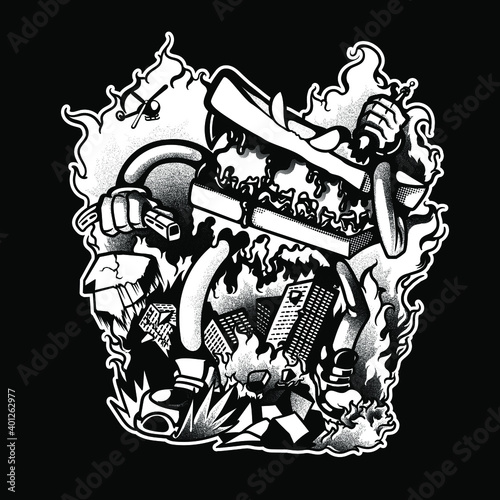Tshirt design Vector illustration monster sandwich city attack (ID: 401262977)